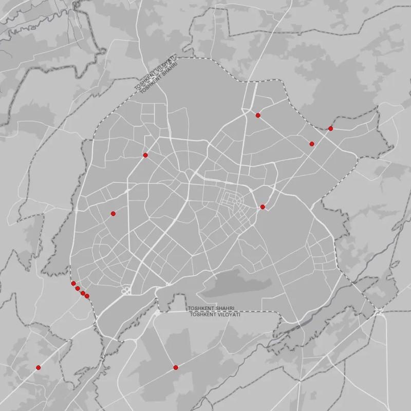 نقشه ای از تاشکند، پایتخت ازبکستان، که موقعیت پلاک خوان ها را نشان می دهد - افشای سیستم نظارتی ازبکستان